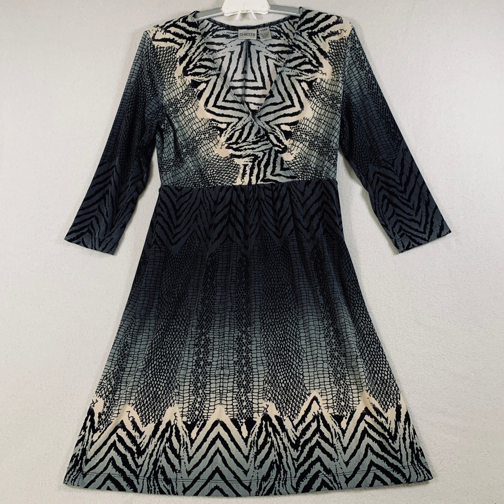 Chicos Women's 3/4 Sleeve Wrap Midi Dress Black Gray Animal Print Size 1 (M/8)‎